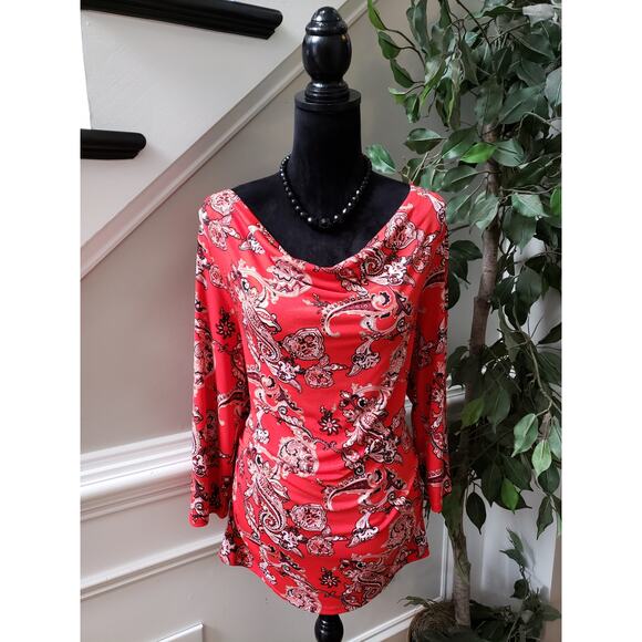 7th Avenue Blouse Women L Red Paisley Stretch Long Sleeve Ruched Cowl Neck Top - Picture 1 of 13